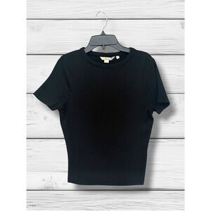 Boden Ribbed Knit Short Sleeve Crew Neck Top Black Size S